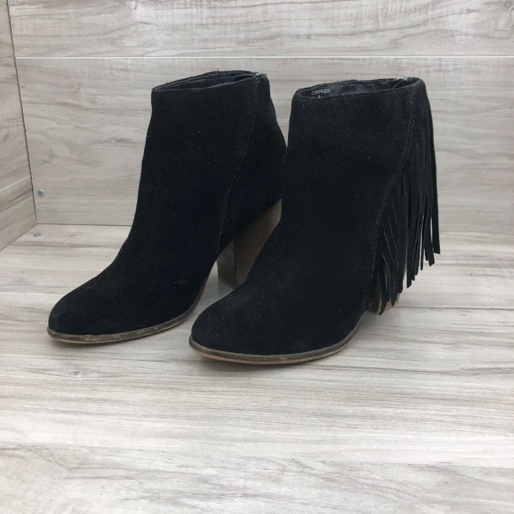 Steve Madden Ankle Boots Womens 8 Black Suede Leather Fringe Zip Booties